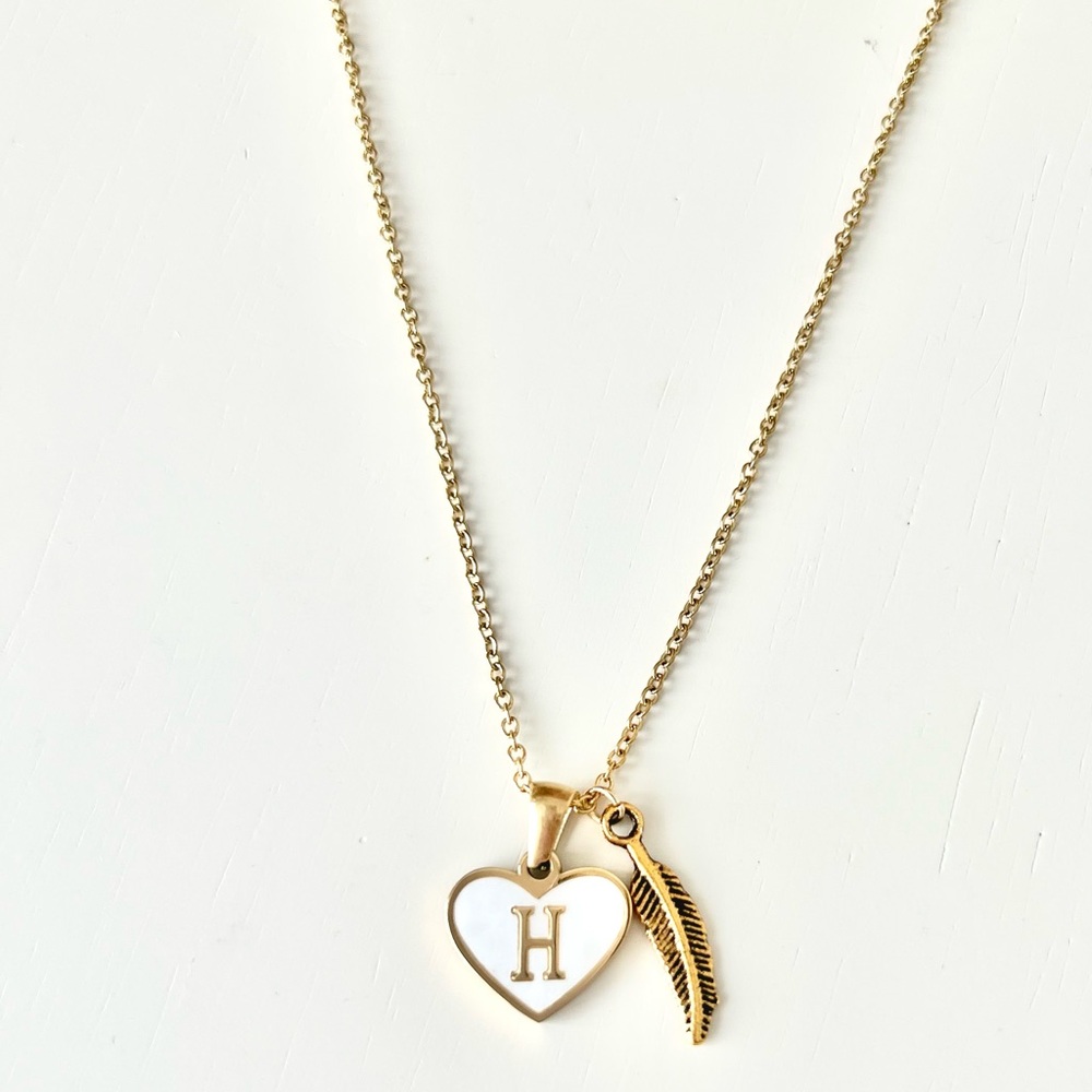 Initial Letter Necklace. H. Gold Heart and Feather 14k Gold Plated